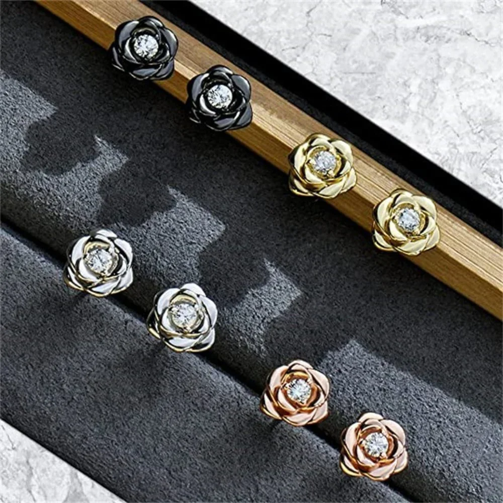 🔥 Trendy Design Rose Flower Stud CZ Earrings For Women, HA4491 - Picture 2 of 3